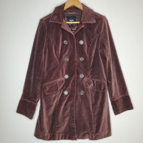 Vintage Y2K 00s Mossimo Chocolate Brown Double Breasted Velvet Coat Size S - Picture 1 of 5
